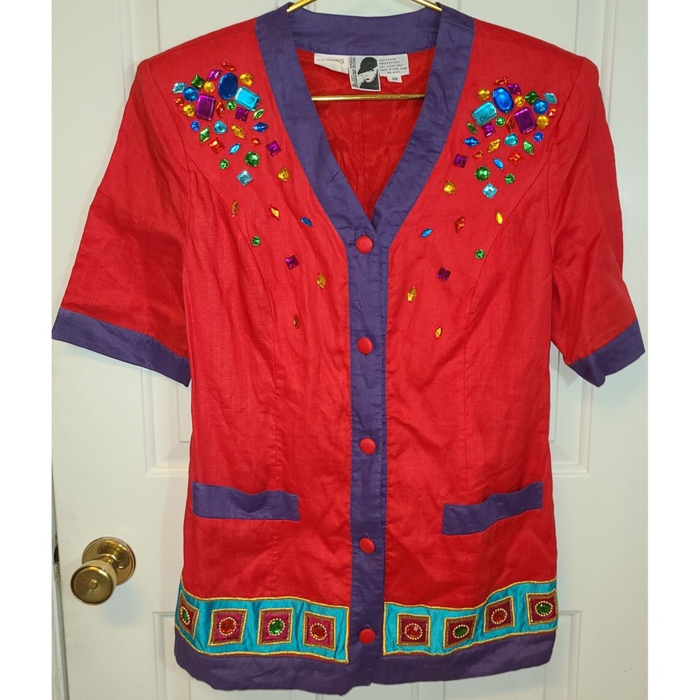 Vintage 80s Bellino Paris 100% Ramie Button Jeweled Blouse Boho‎ Tunic Top Sz 10